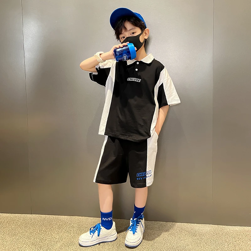 Children's Summer Clothing Set For Boys 2022 New Korean Style Kids Two-piece Tracksuit Patchwork Polo Shirt + Shorts Suit 5-14 Y