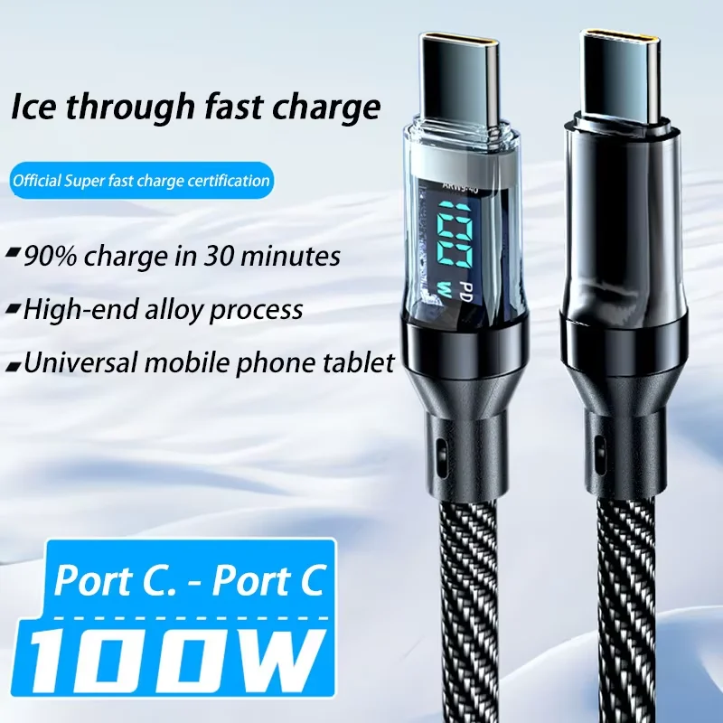 Фото Кабель для быстрой зарядки USB Type-C мощностью 100 Вт, кабель для зарядки телефона с интеллектуальным цифровым дисплеем, для Samsung Xiaomi Redmi OnePlus №1