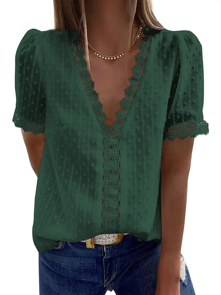 

Летние шифоновые женские блузки с коротким рукавом, кружевные лоскутные топы, повседневные Элегантные рубашки с v-образным вырезом, однотон...