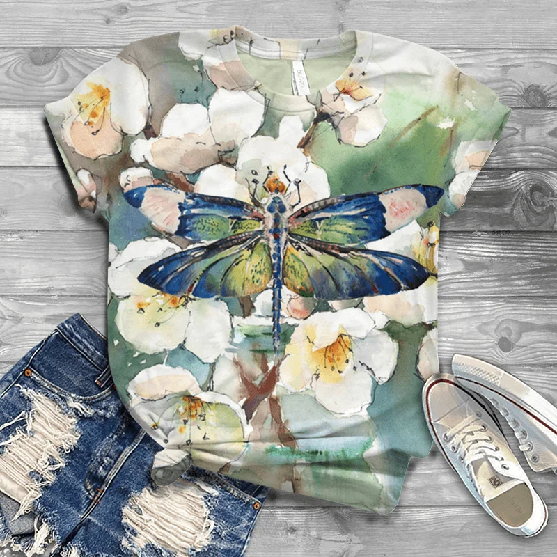 

Retro style fashion casual custom new animal dragonfly 3D printing round neck T-shirt women's fun short-sleeved top summer