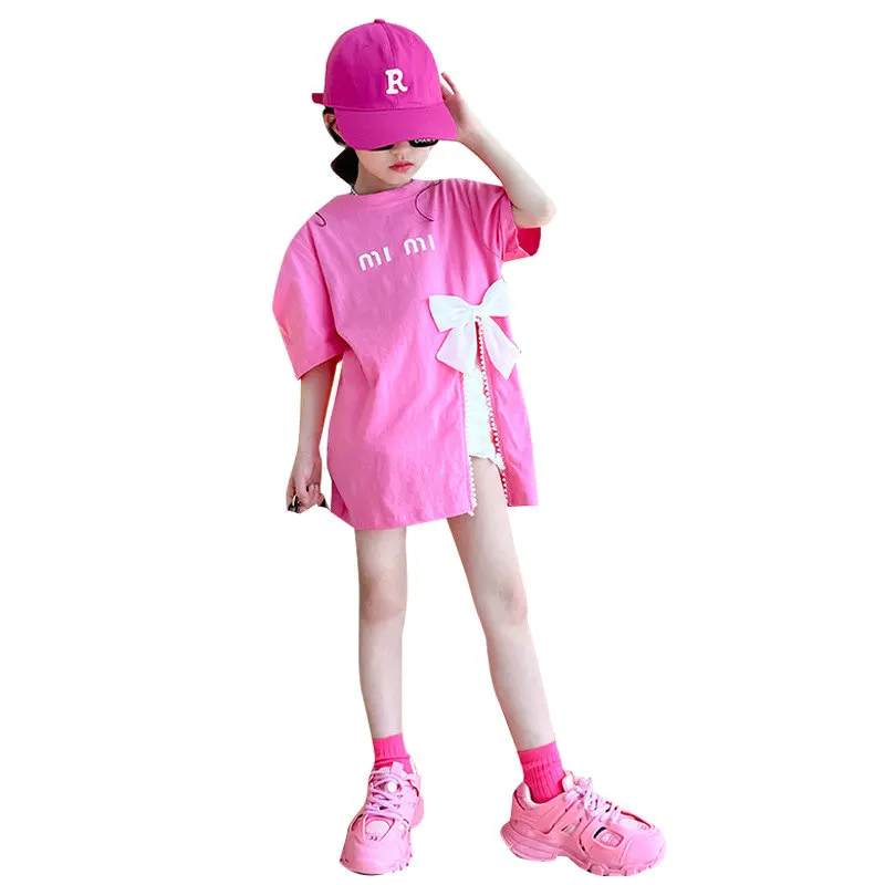 Girls Summer T-shirt Puff Sleeve Fashion Split Design Casual Teenage Kids Tops with Detachable Bow Tees Children's Clothing 4-14