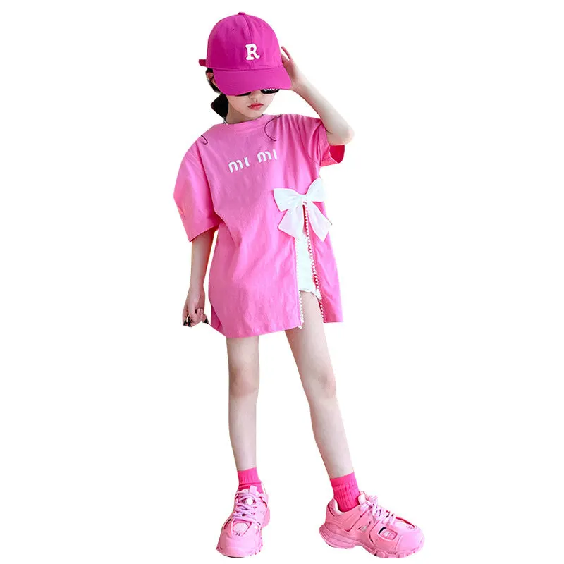 

Girls Summer T-shirt Puff Sleeve Fashion Split Design Casual Teenage Kids Tops with Detachable Bow Tees Children's Clothing 4-14
