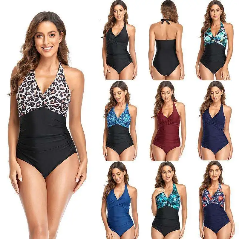 

Swimsuit Women Multi Color One Piece Briefs Halter Lace Up Conservative Cover Belly Small Chest Push