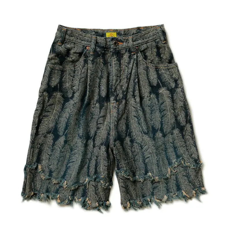 KAPITAL 22SS Retro Feather Tassels Damaged Dilapidated Denim Shorts Casual   Pants For Men And Women