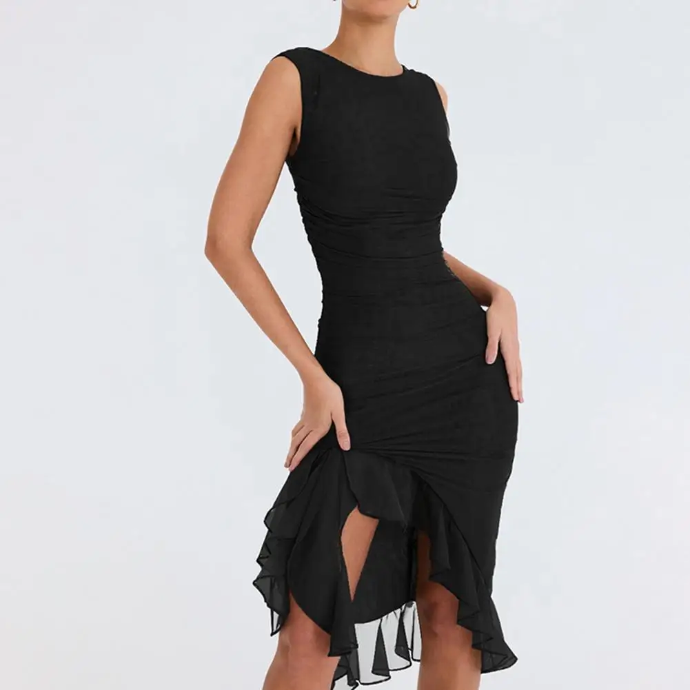 

Women O-neck Sleeveless Bodycon Dress Irregular Ruched Tulle Ruffle Split Hem Skinny Dress Solid Color Knee-length Gown Dress