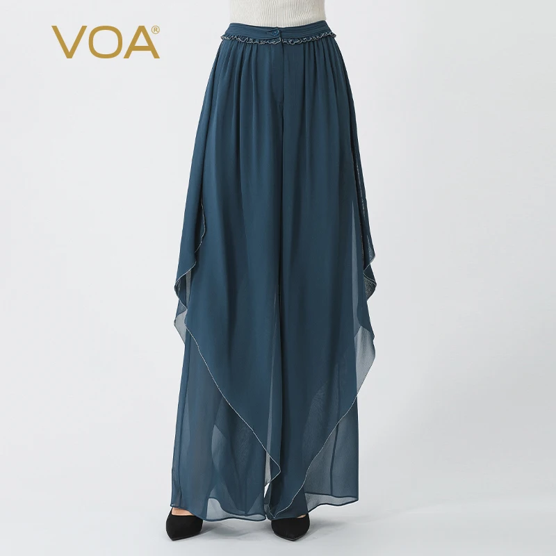 

VOA Blue Double Layer Georgette Mulberry Silk on Silk Fungus Lace Natural Waist Summer Refreshing Silk Wide-leg Pants KE777