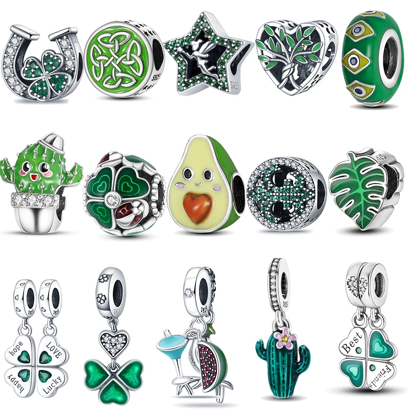 

2023 Green 925 Sterling Silver Sparkling Star Oil Nut Four-leaf Clover Charm Beads Fit Original Pandora Bracelet Jewelry Gift