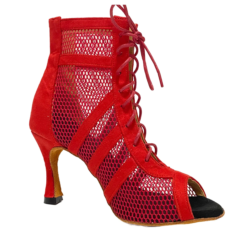 Red Salsa Dance Booties Women Latin Dance Shoes Suede Soles   Latin Ballroom Outdoor Indoor Dance Shoes For Dancing High Heels