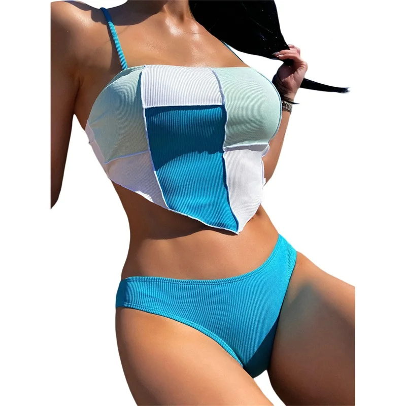 

Женский лоскутный комплект из 2 предметов, купальник без рукавов, майка пуш-ап, укороченные топы, купальник, купальные костюмы