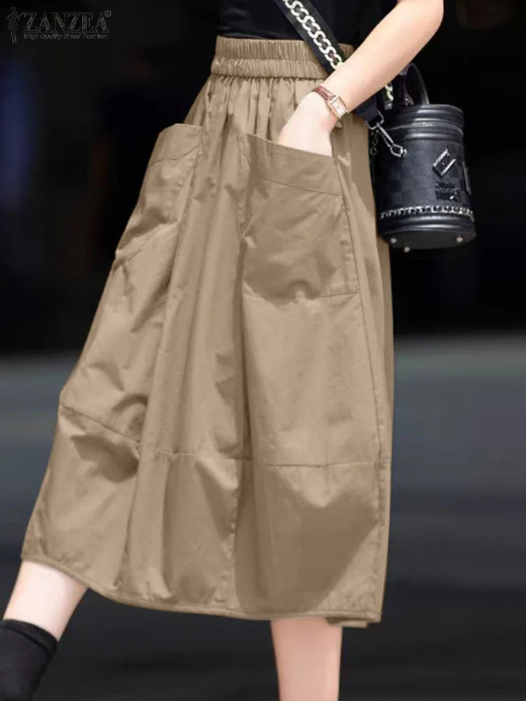 ZANZEA Женская прямая повседневная юбка из полиэстера длиной до середины икры с