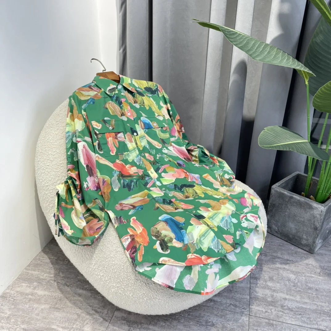 

2022 Latest Summer Ladies High Quality Organic Cotton Adjustable Drawstring Classical Irregular Painting Print Long Blouses