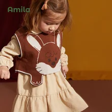 Amila Baby Girl Dress Two Pieces Sets 2022 Autumn New Cute Rabbit Cartoon Knit Vest Suit Academic Casual Kids Clothing