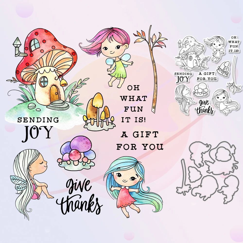 

Lovely Fairy Elf Metal Cutting Dies Clear Stamp Mushroom Home DIY Scrapbooking Dies Stamps For Embossed Cards Stencil For Decor