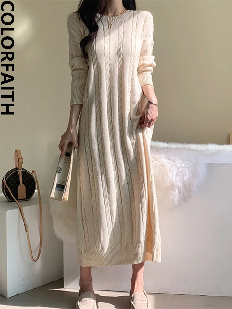 

Colorfaith DR2300Q New 2023 Autumn Winter Women Dresses Knitted Vintage Elegant Split Straight Korean Solid Lady Long Dresses