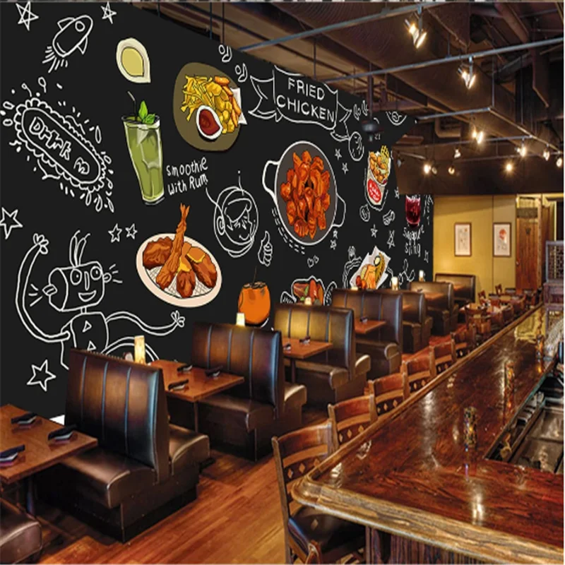 Custom Hand- Black Hand painted Korean Fried Chicken restaurant background  Industrial Decor Mural Wallpaper