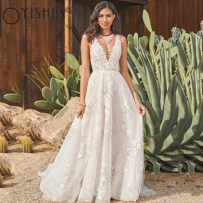 

Сексуальное женское платье Oyisha с V-образным вырезом и открытой спиной Сексуальный V-образный вырез тюль Свадебная вечеринка Кружево Аппликации Без Рукавов Свадебное Платье Для Женщин Бретельки Без Спины Robe De Mari