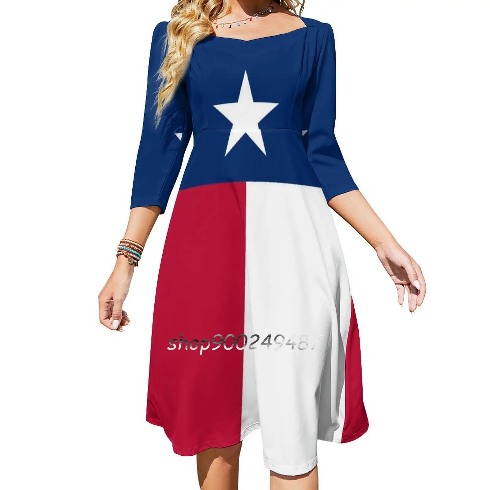 Lone Star State Sweet Elegant Dress Женское корейское платье Kawaii с квадратным воротником Texas Texan