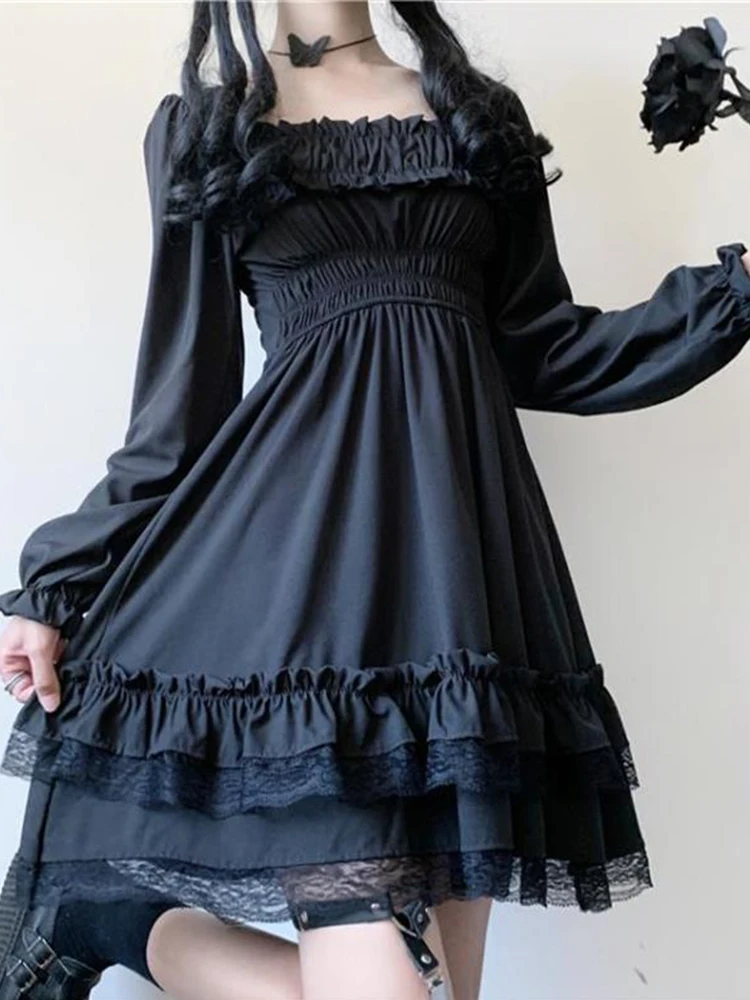 

2022 New Lolita Gothic Black Corset Dress Women Vintage Lace Patchwork Ruched Aesthetic High Waist Dress Punk Party A-LINE Dress
