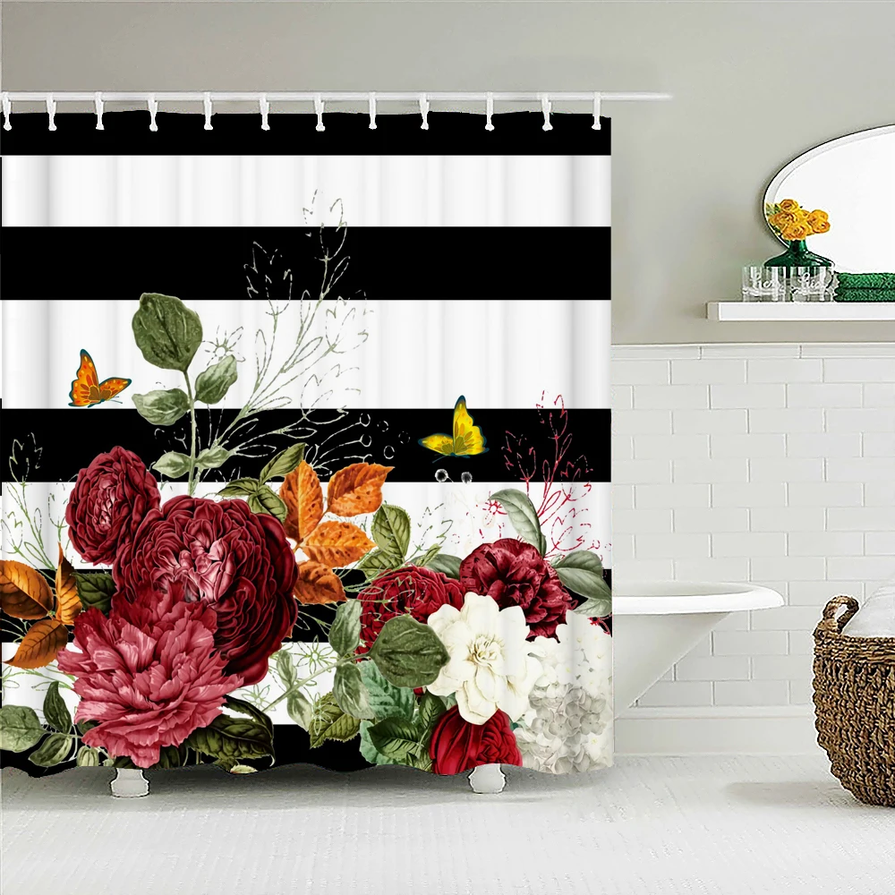 

3D Printing Bathroom Curtains Black White Stripes Flower Butterfly Shower Curtain Home Decoration Waterproof Fabric Bath Screen