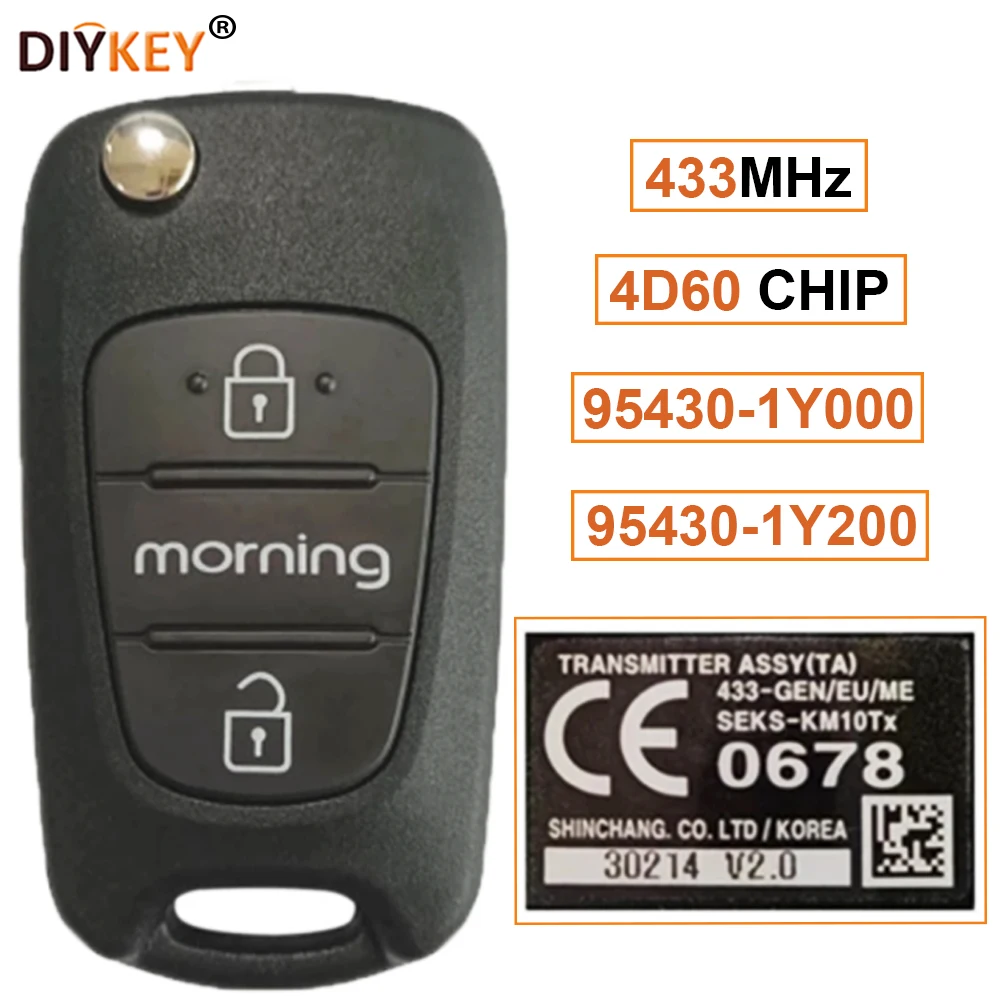 

DIYKEY OEM P/N:95430-1Y000, 95430-1Y200 433MHz 3 Button Flip Keyless Remote Key Fob 4D60 Chip for Kia Morning 2011+ SEKS-KM10TX