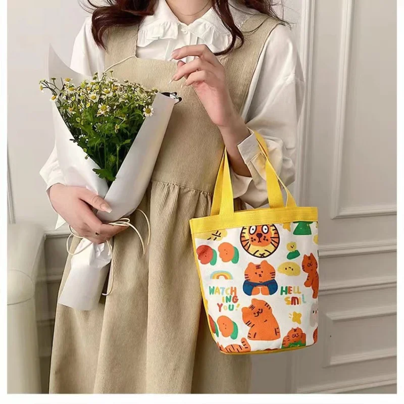 

New Cute Cartoon Bucket Bag Printed Bento Cylinder Portable Canvas Bag Student Canvas Bag Gift Ins