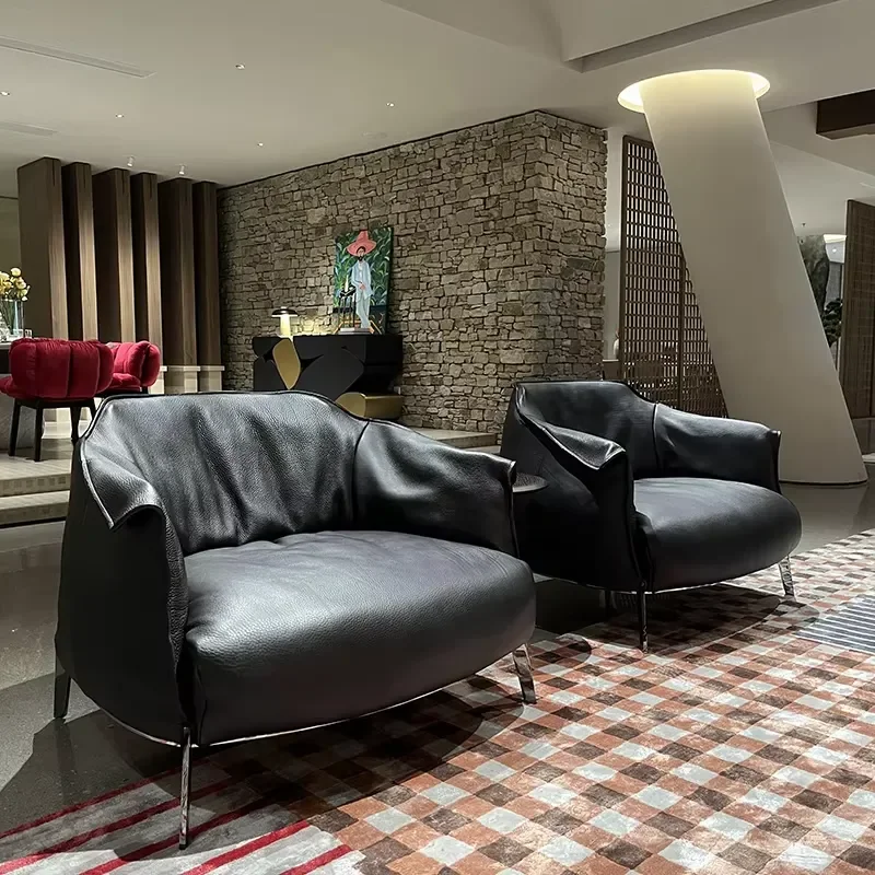 Фото Кожаное кресло-реклайнер OKF Black Modern из натуральной кожи для отелей, спален, гостиных, акцентная мебель для дома №3