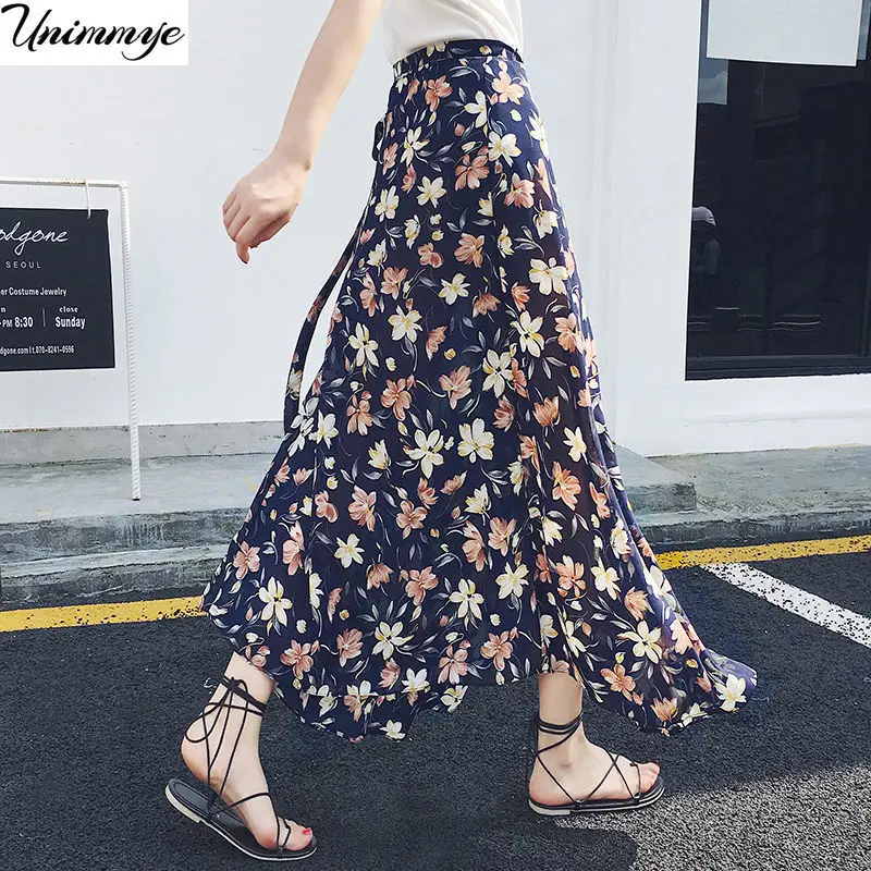 

New Plus Size Women Chiffon Skirt Fashion Bow Saia Midi Lining Jupe Femme Lace Up Falda Mujer Summer Print Floral Skirts J480