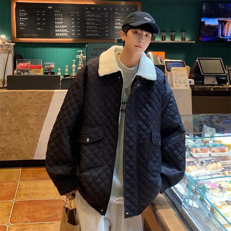 Winter Jacket Men Warm Fashion Retro Plaid Thickened Lamb Wool Jacket Men Korean Loose Thick Short Coat Mens Parker Clothes