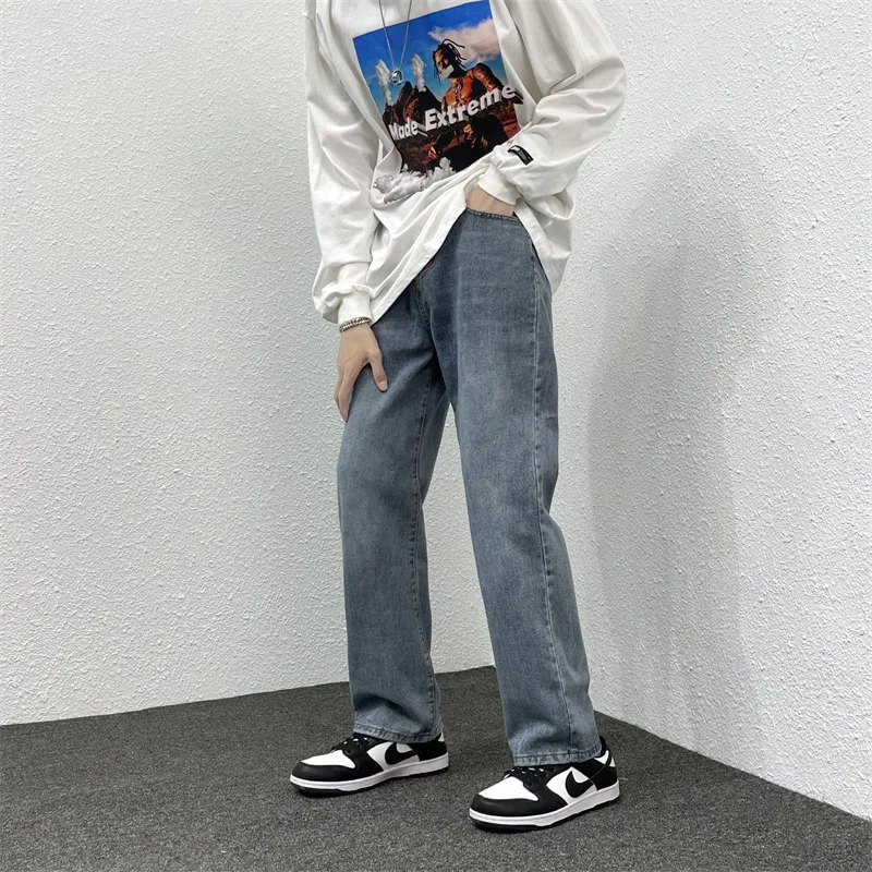 Harajuku style ins fried street jeans men's straight loose wide-leg pants tide brand high street Hong Kong style pants S-5XL