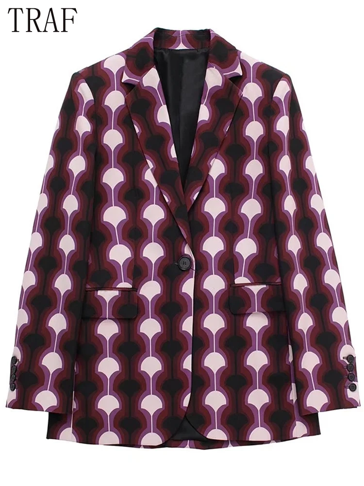 

TRAF Zar 2022 Print Blazer Vintage Women's Blazer Button Jacket Women Spring Long Sleeve Casual Blazer Set Woman Streetwear
