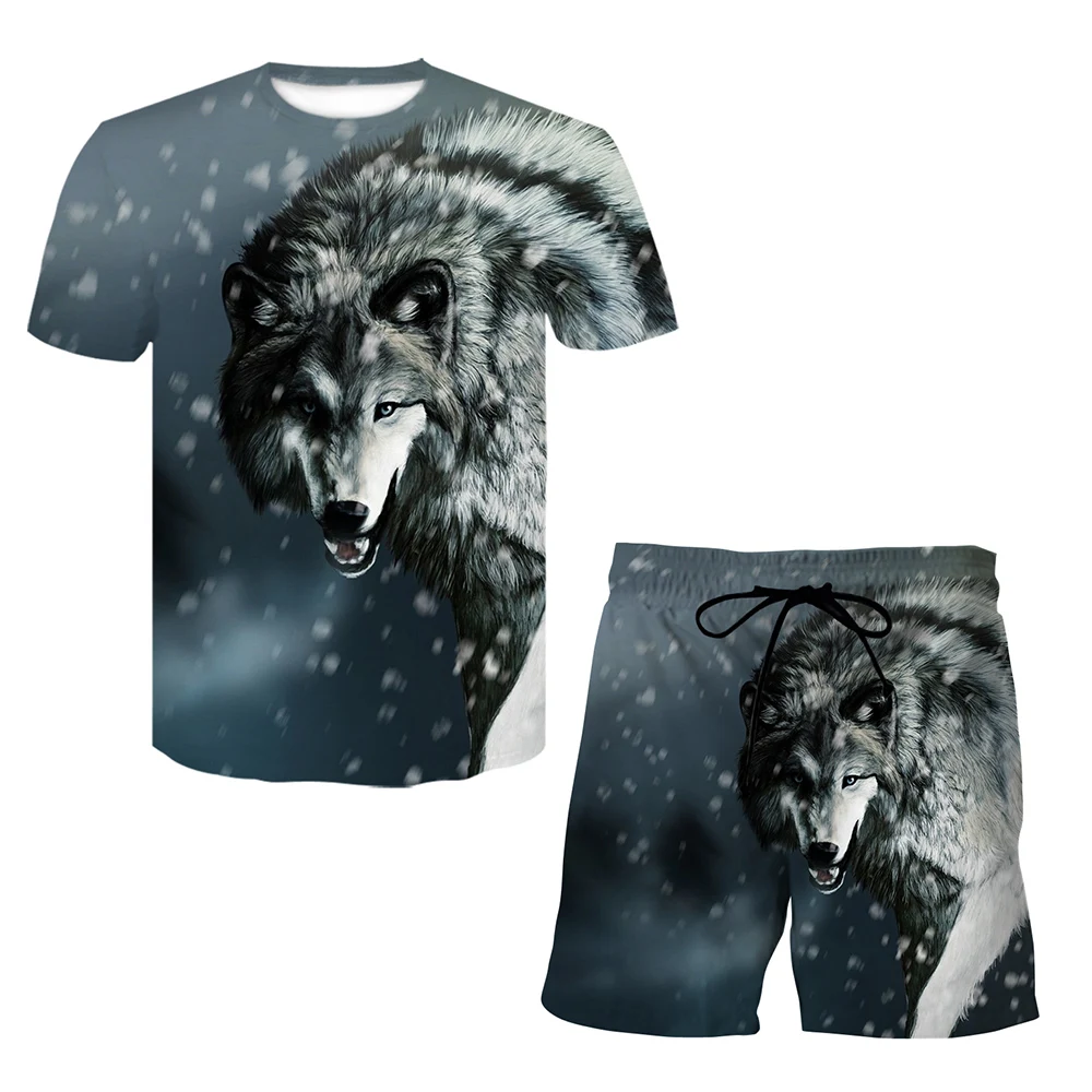 

Men's Sports Suit Creative T-shirt Men's Football Retro Clothing 3D Ferocious Beast Lion Print T-shirt And Shorts Set Tops