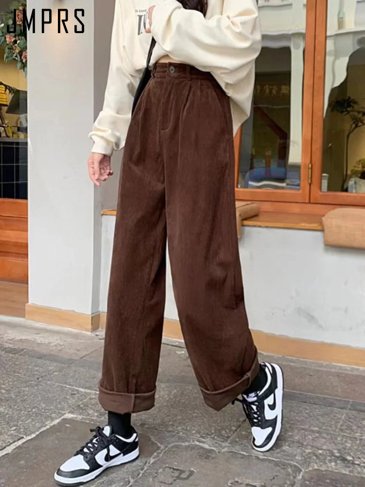 

High Waist Women Vintage Corduroy Pants Straight Casual Spring Trousers Koran Vintage Coffee Pockets All Match Pants New