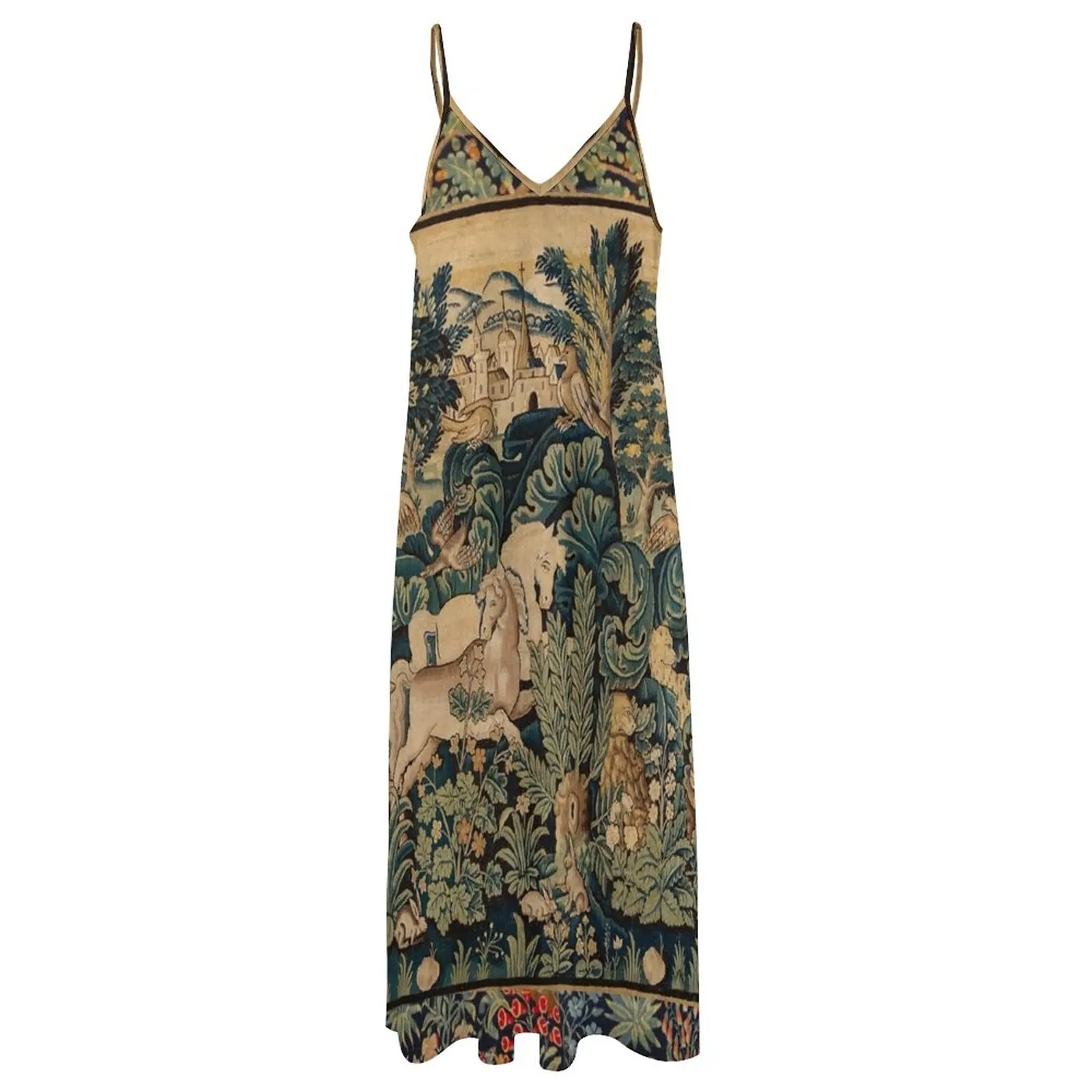 Женское платье без рукавов летнее с животными и лошадьми в лесу голубое зеленое