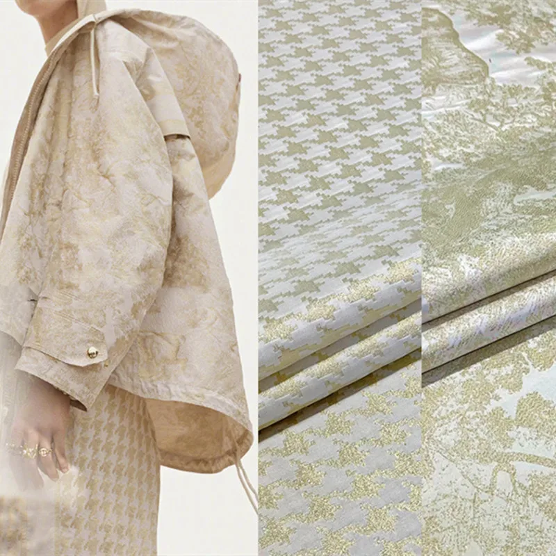 

Golden Houndstooth Jacquard Jacket Fashion Animal Totem Brocade Jersey Knit Bullet Fabric for Sewing Clothes By The Meter Cloth
