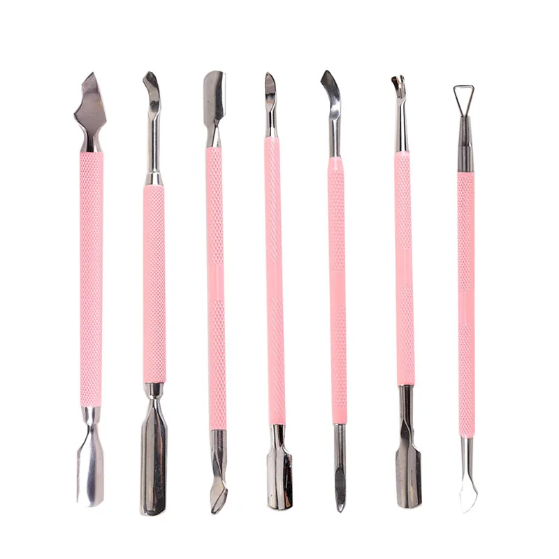 

Pink Nail Cuticle Pusher Remover Cleaner Manicure Pedicure Stainless Steel Nail Prep Tools Set
