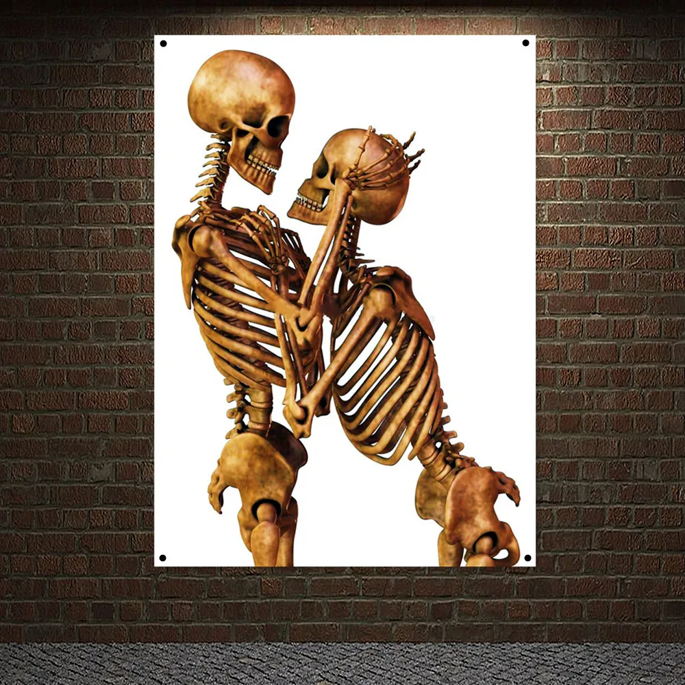 

Man and Woman Skeletons In Lovers Pose Poster Wall Decor Banner Flag Couple Skull Art Wallpaper Wall Hanging Painting Tapestry