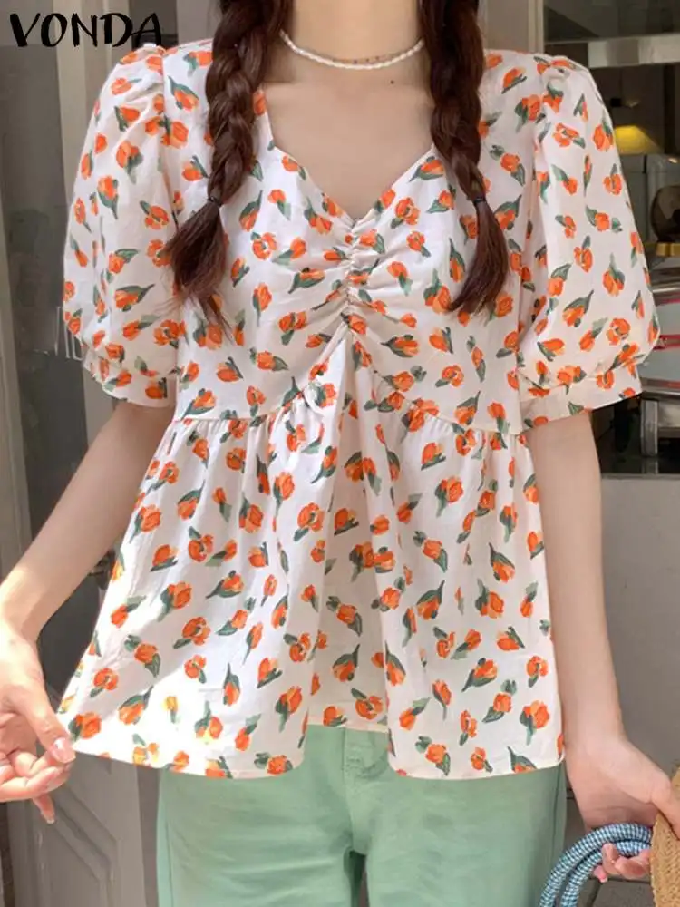 

Sexy V Neck Tops 2023 Bohemian Women Elegant Puff Sleeve Floral Printed Blouse Summer Party Shirts VONDA Loose Party Tops Tees