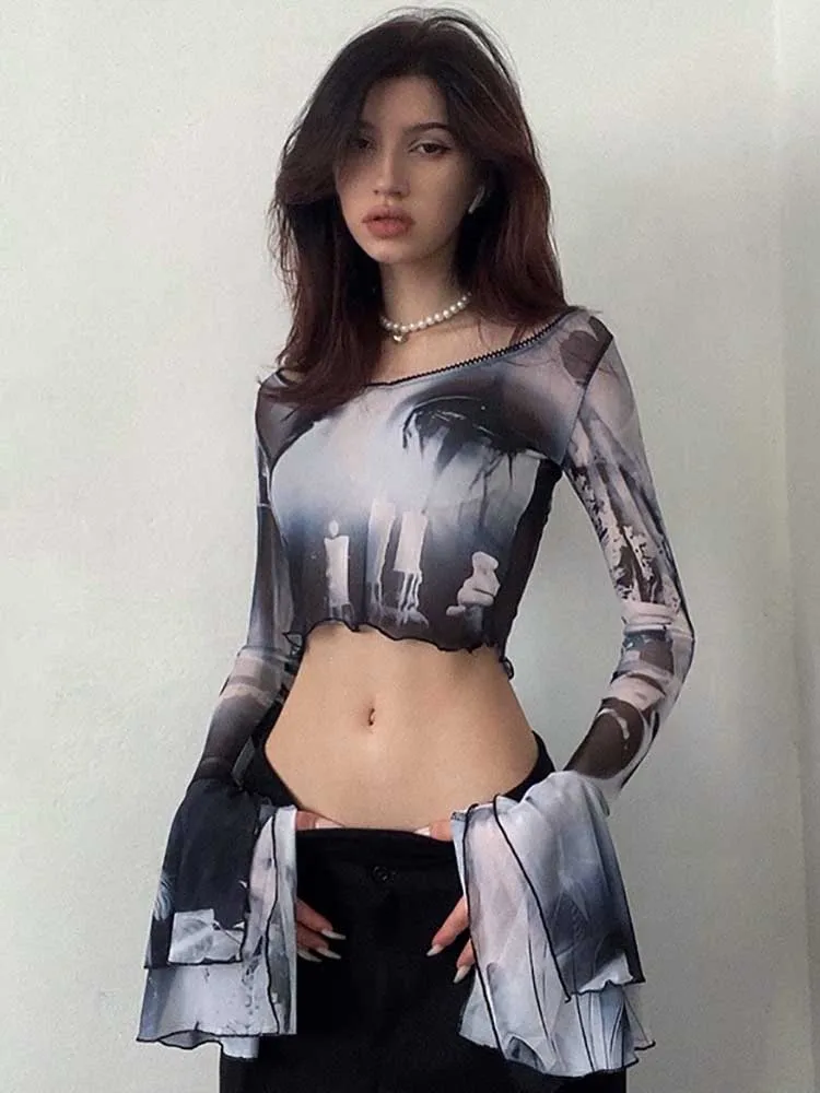 

Fashion Aesthetic Women Trumpet Sleeve T-shirts Mesh Perspective Sexy Print Crop Tops Casual ​Ladies Streetwear Female Clothes