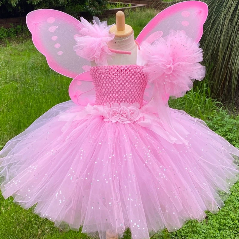 

Girls Pink Fairy Dress Kids Glitter Tutu Flower Dresses with Wing and Stick Hairbow Children Birthday Halloween Party Costumes