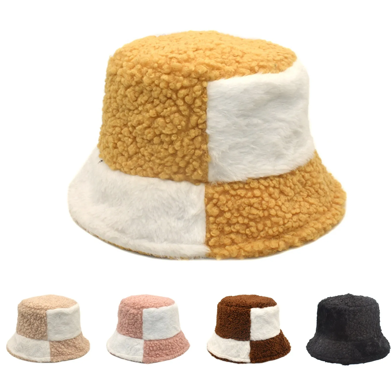 

Winter Contrast Color Faux Fur Fluffy Bucket Hats Women Outdoor Warm Sun Hat Soft Velvet Furry Fisherman Cap Girl Fashion Panama
