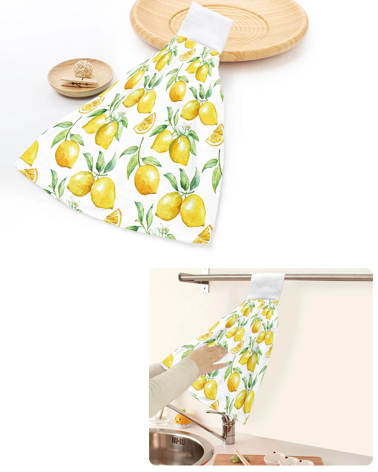 

Watercolor Lemon Fruit White Yellow Hand Towels Home Kitchen Bathroom Hanging Dishcloths Loops Soft Absorbent Custom Wipe Towel