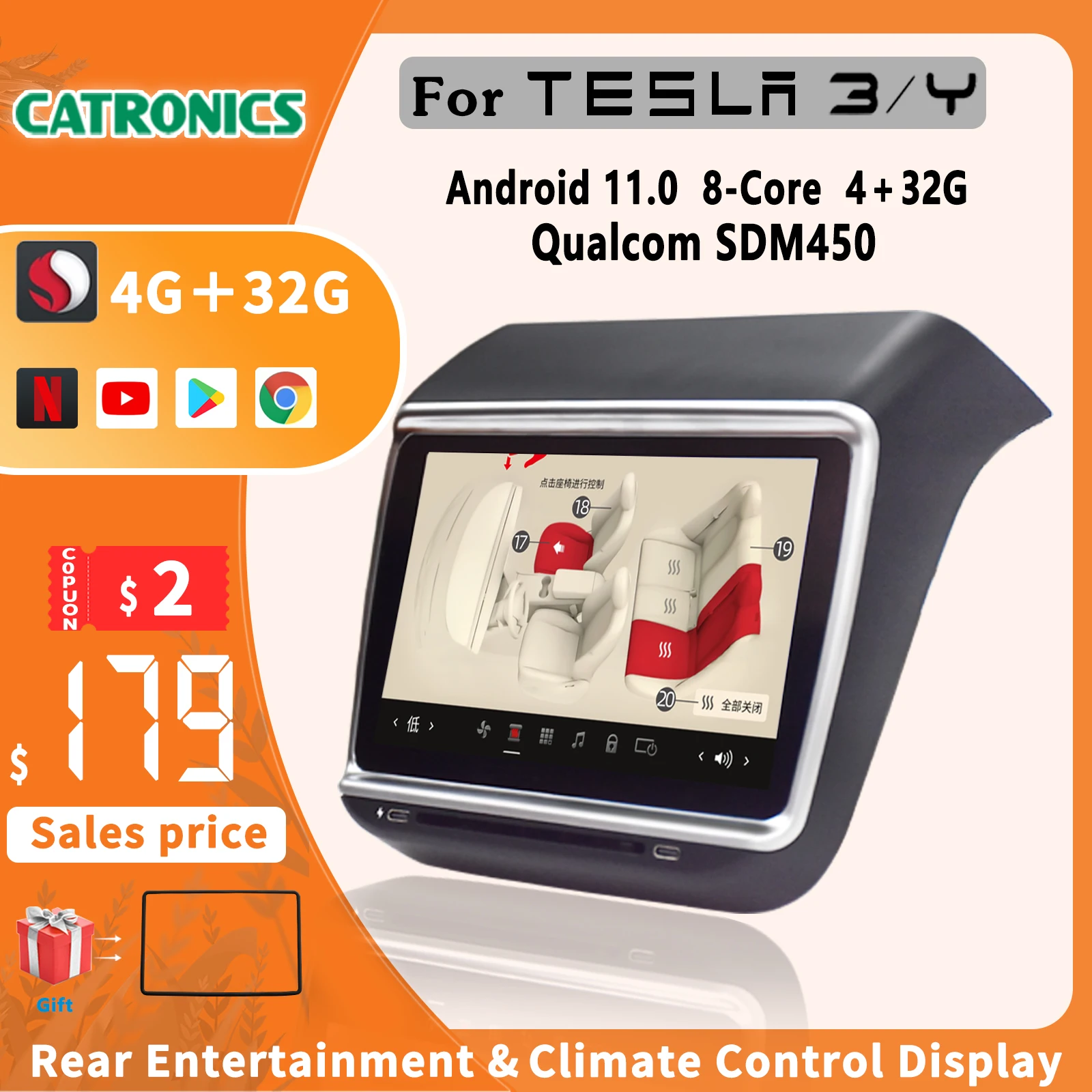 CATRONICS для Tesla Model 3/Y, новый 7,2 дюймовый дисплей заднего развлечения и контроля климат, Android 11,0 Tesla, модель Y 2023, аксессуары