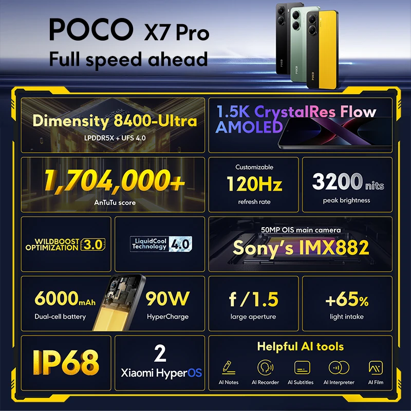 Фото POCO X7 Pro Глобальная версия Дисплей IP68 NFC 6,67 дюйма AMOLED Размер 8400-Ультра 6000 мАч 90 Вт HyperCharge 50 МП OIS Камера NFC 120 Гц №2