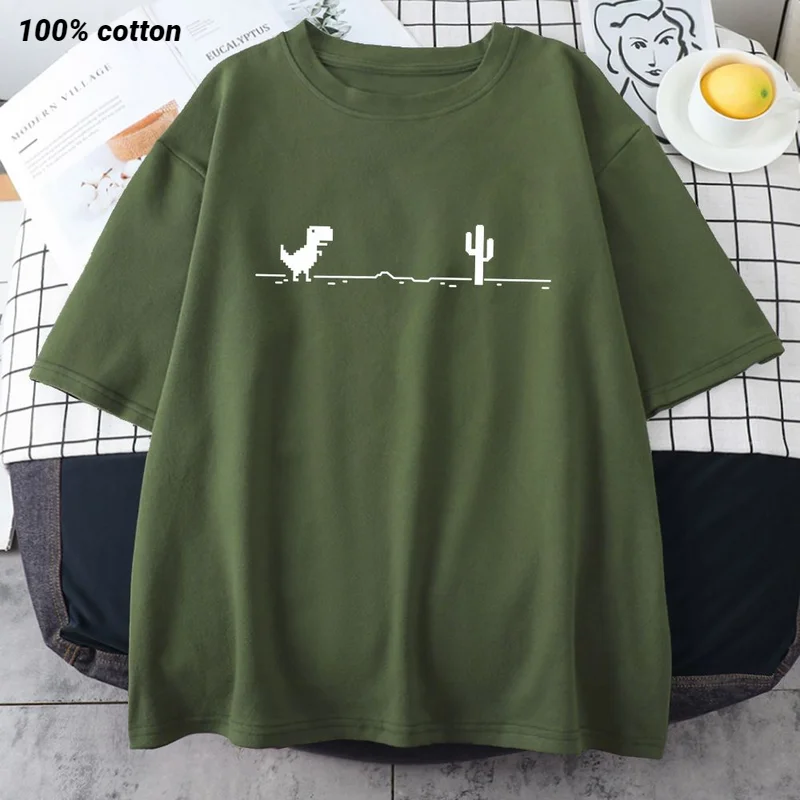 

Game Cactus Little Dinosaur Mens Short Sleeve Cartoons Casual Creativity T-Shirts Oversize Breathable Man Cotton Clothing
