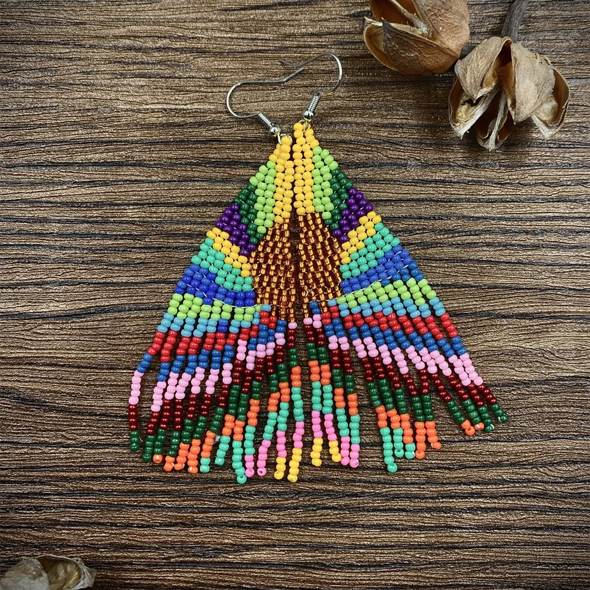 Фото Серьги из рисовых бусин, ручное вязание, бисер, простые пейзажи, красочные солнечные модные богемные женские серьги с кисточками и цветами №2