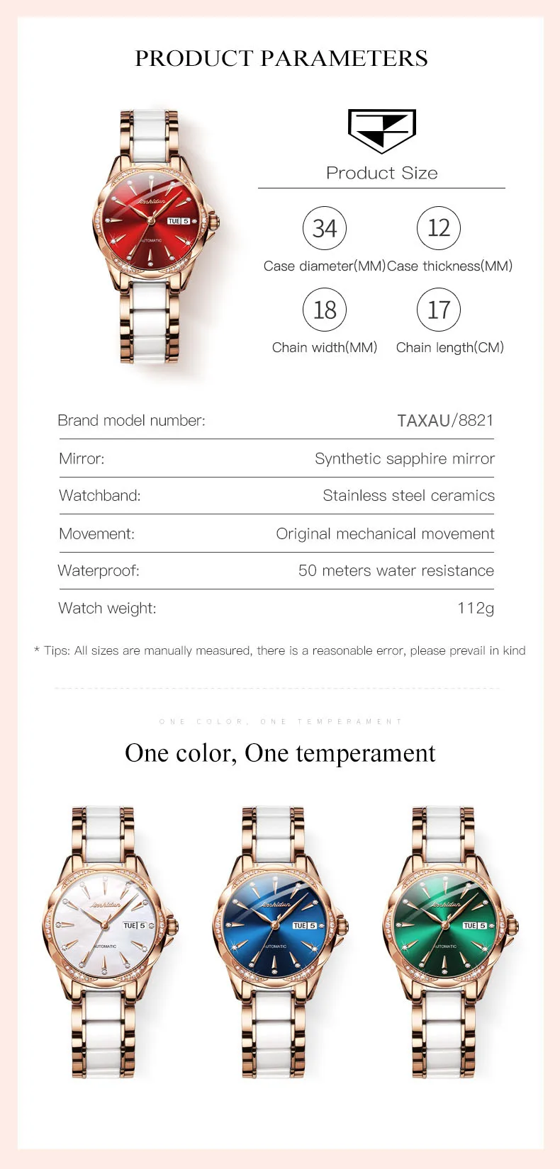 TAXAU Mechanical Watch For Women Luxury Top Brand Stainless Steel Ceramic Strap Rose Gold Diamond Femme Watches reloj mujer