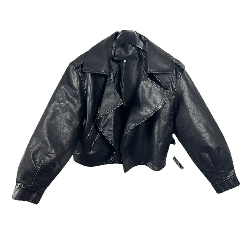 2023 spring new loose version of the sleeved leather jacket women's epaulettes coat motorcycle leather