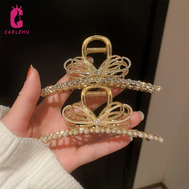 

Винтажная металлическая заколка Стразы с жемчугом для женщин, с вырезами, геометрические заколки для волос, элегантная Заколка-краб для ван...