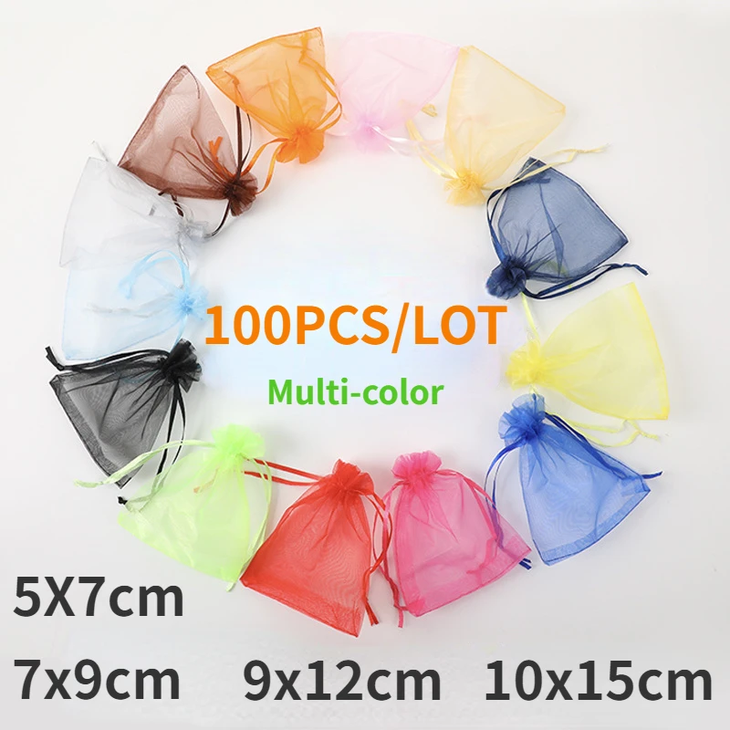 

100 Pcs/lot 16 Colors Jewelry Packaging Bag 5*7 7*9 9*12 10*15cm Organza Bags Gift Storage Wedding Drawstring Pouches Wholesales