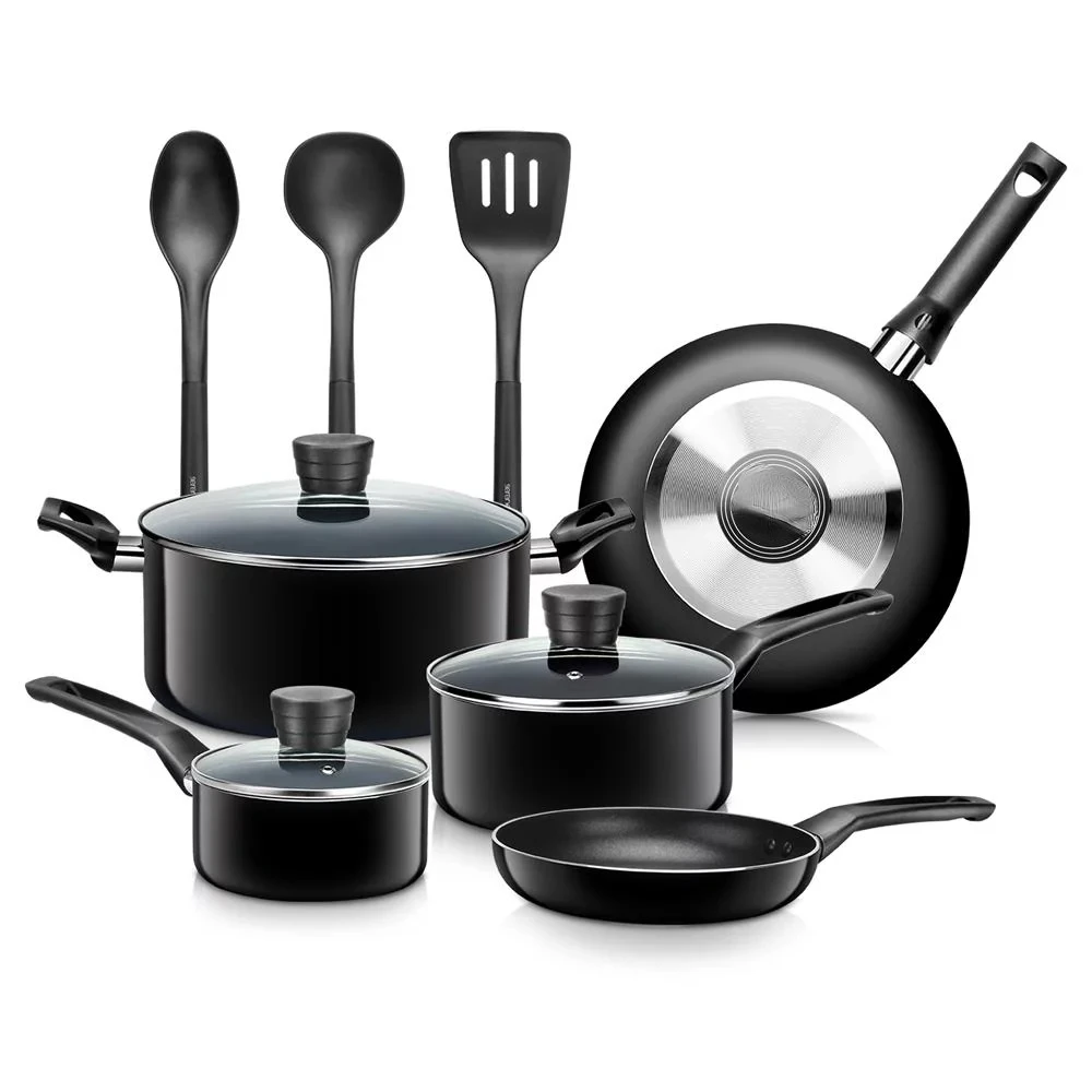 

Pots & Pans Basic Kitchen Cookware, Black Non-Stick Coating Inside, Heat Resistant Lacquer (11-Piece Set), SLCW11BLK-Black Dishw